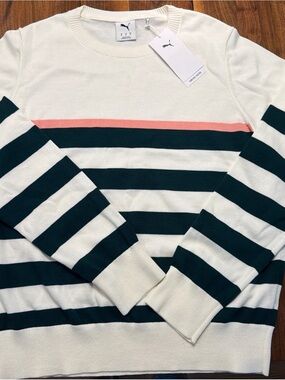 Puma Cream Crewneck Sweater with Green Stripes & Coral Accent